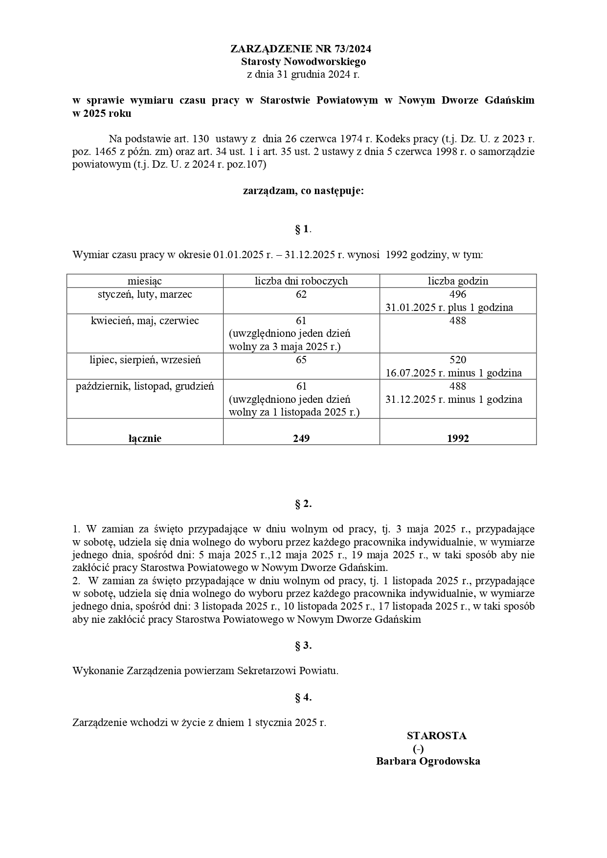 Zarządzenie w sprawie wymiaru czasu pracy w 2025