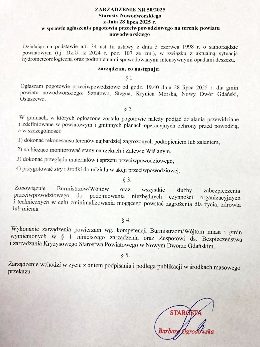 ZARZĄDZENIE - POGOTOWIE PRZECIWPOWODZIOWE
