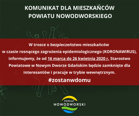 <span style="font-weight:bold;color:#CC0000;">KOMUNIKAT DLA MIESZKAŃCÓW POWIATU NOWODWORSKIEGO</span>